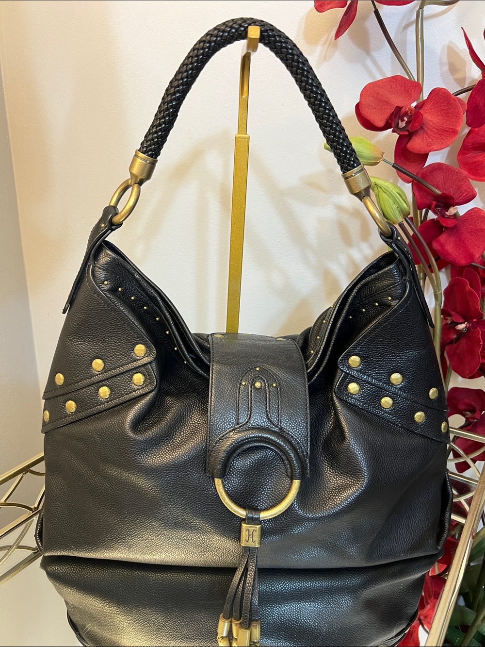 NWT Cole Haan Collection Black Leather Studded Hobo Shoulder Bag Vintage Y2K